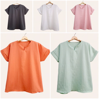 เสื้อคอจีน เเขนสั้น สีพื้น ผ้าเปลือกไม้ อก 50”