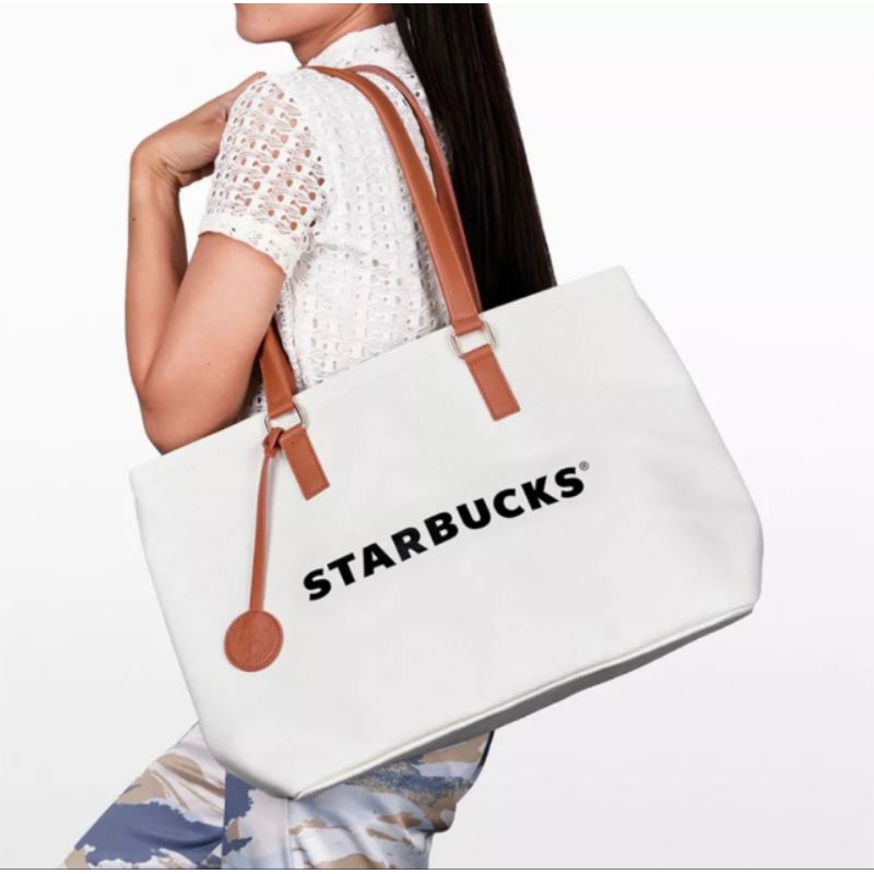 [พร้อมส่ง] แท้💯⭐️ Starbucks White Tote Bag 2023 กระเป๋าสตาร์บัคส์ 🤍สีขาวเบจ (ไม่มีขนมไหว้พระจันทร์) คอลล่าสุด2023