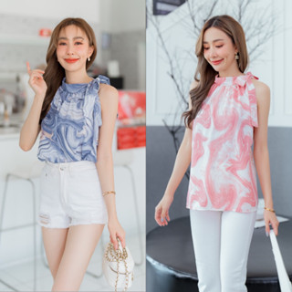 Cocktail top(Marble)เสื้อแขนกุด คอปีนผูกโบว์ข้าง ลายหินอ่อน ลุคเกาหลี น่ารักเกินต้านมากค่า