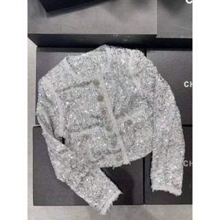 Embellised Sequined Tweed Blazer Collarless ✨w