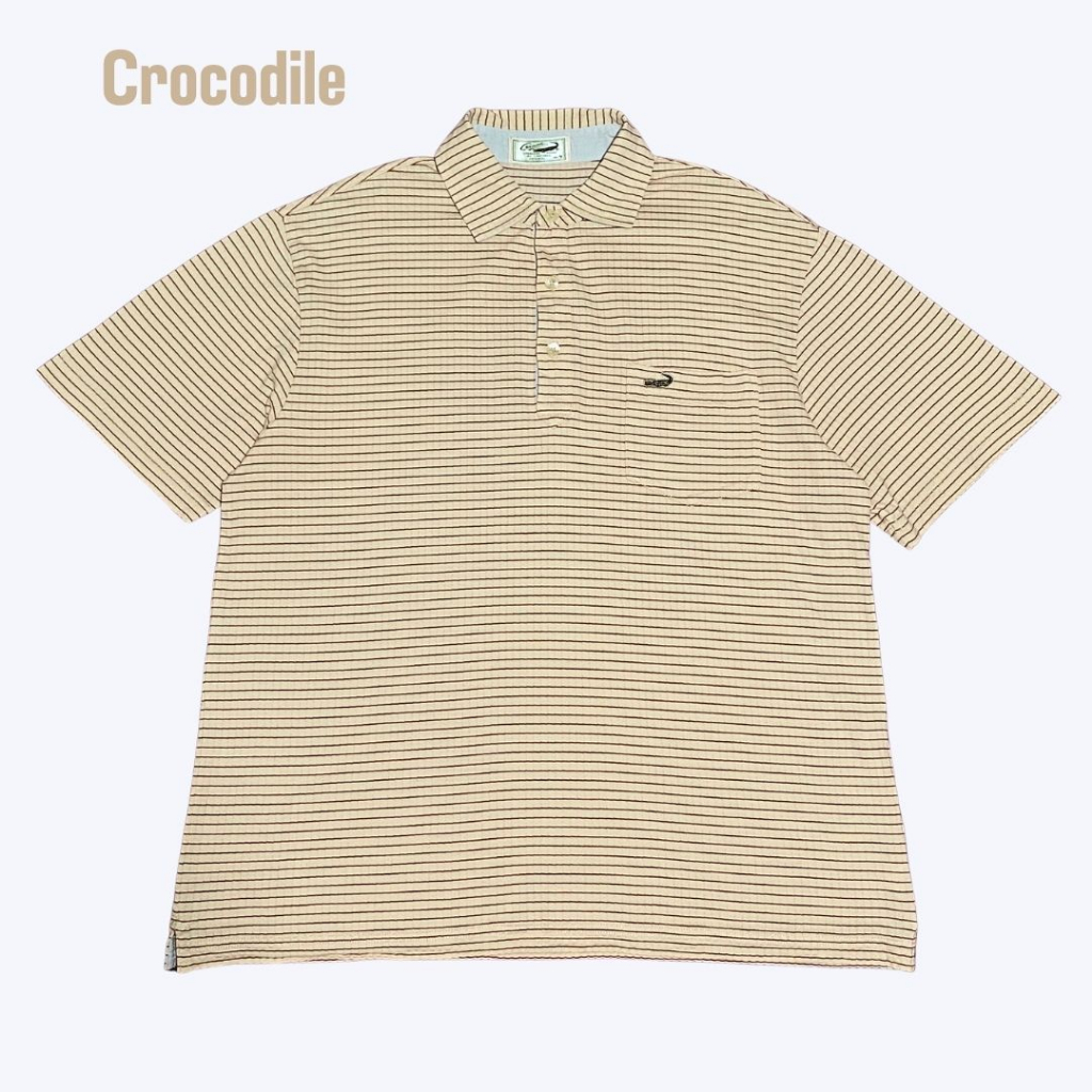 เสื้อโปโลคอปกผู้ชายแขนสั้น สีครีมลายทางแดง แบรนด์ Crocodile มือสอง สภาพใหม่มาก