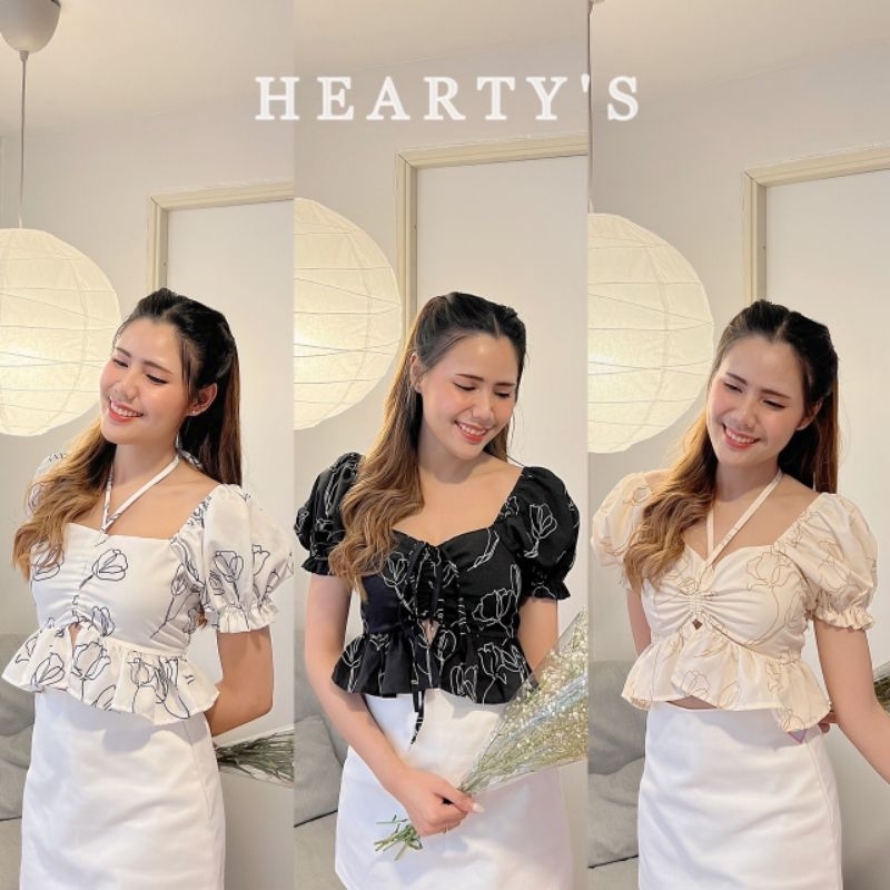 MALINDA เสื้อครอปคอเหลี่ยม​ แขน​ตุ๊กตา​ Hearty's (ซับในช่วงอก)​ 🐈‍⬛⸝⋆พร้อมส่ง​