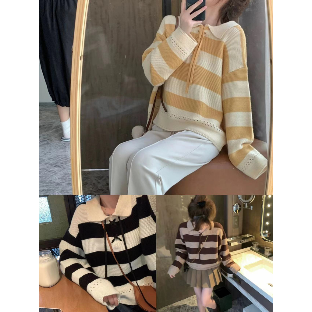🎀พร้อมส่งที่ไทย🎀เสื้อกันหนาว คอปกโปโล ผ้าถัก ลายทาง สไตล์ญี่ปุ่น วินเทจ ระดับไฮเอนด์ เหมาะกับฤดูใบไม้ร่วง
