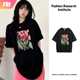 เสื้อยืด oversize แฟชั่น เสื้อ สีดำ เสื้อยืดคอกลม ดอกไม้