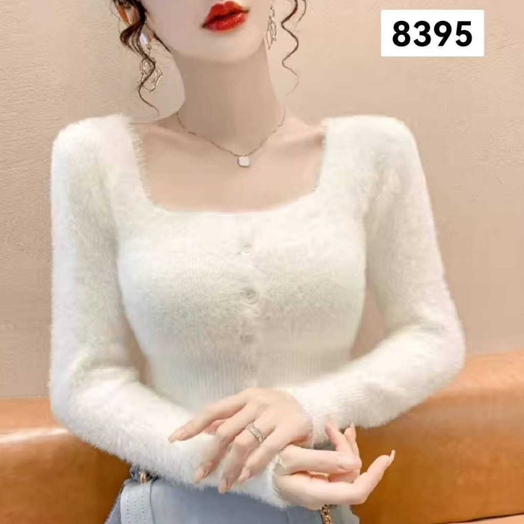 AL-8395# เสื้อครอปขนมิ้ง คอเหลื่ยมกระดุมหน้า แอบเซ็กซี่​นิดๆๆ เนื้อผ้านุ่มมาก ใส่สบาย ใส่กับอะไรก็สวยจ้า