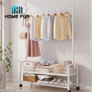 Home Fur  ราวตากผ้า 3in1 สไตล์มินิมอล ราวแขวนผ้าพร้อมชั้นวางของ เสาข้างแขวนกระเป๋า โครงเหล็กเเข็งเเรง