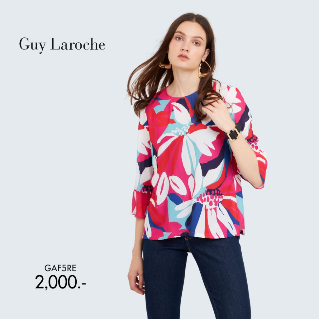 Guy Laroch เสื้อ ผู้หญิง Wrinkle free Petal paradise คอกลม แขนสามส่วนแต่งระบาย สีแดง (GAF5RE)