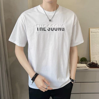 เสื้อยืดคอกลมแขนสั้น เสื้อยืดผู้ชาย ลายอังกฤษสไตล์นูน ลายเท่ๆผ้าดีใส่สบาย