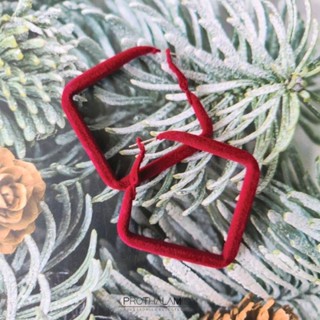 925 Silver Square Red Velvet Hoop Earrings ต่างหู ตุ้มหู ห่วง ก้านเงิน แท้ สีแดง กำมะหยี่ ไม่แพ้ คนแพ้ ใส่ได้