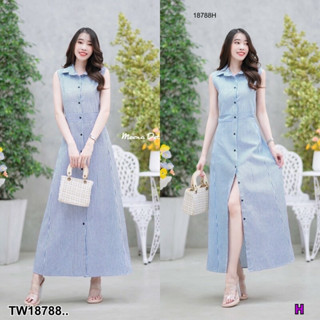 MM18788 เดรสปกเชิ้ตแขนกุด ลายริ้วเล็กติดกระดุมสีดำ sleeveless shirt collar dress Small stripe pattern with black buttons