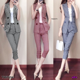 B7034 Set 2 ชิ้น เสื้อสูทแขนกุด +กางเกงขายาวลายทาง Set of 2 pieces, sleeveless suit + striped trousers