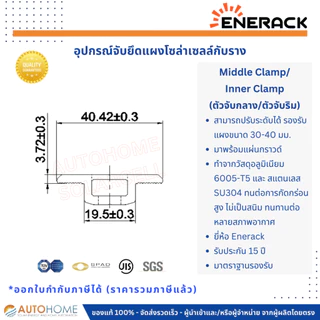 ตัวจับกลาง,ตัวจับใน (Middle-Clamp , Inner-Clamp) ตัวจับยึดแผงโซล่ากับราง ปรับได้ 30-35 มม. พร้อมแผ่นกราวด์