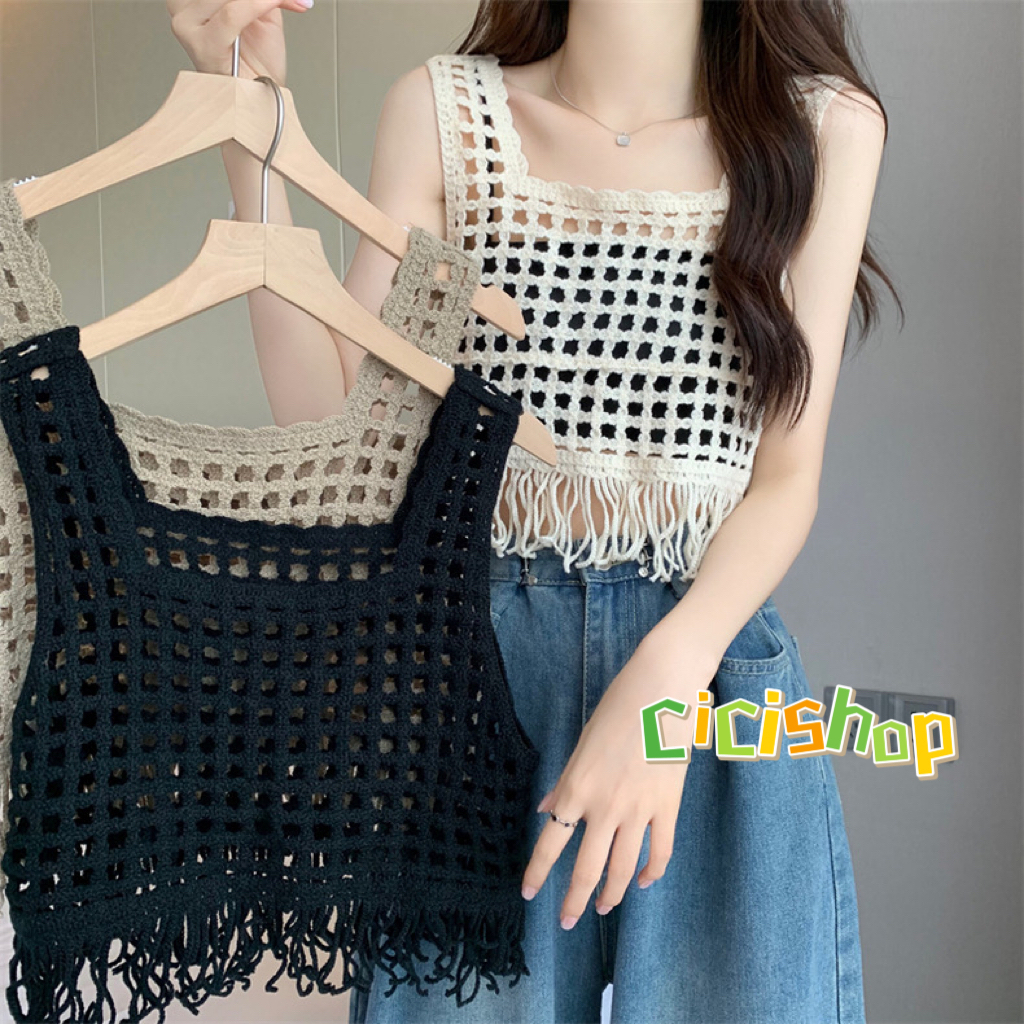 Cicishop(11507-2)เสื้อกั๊กผ้าถักโครเชต์ลายตารางซีทรู แต่งพูจับแมทซ์สายเดี่ยวปังมากกก