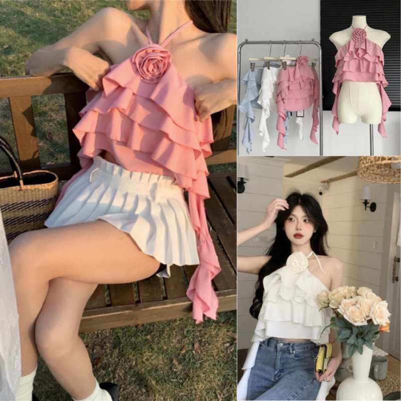 ROSE TOP เสื้อสายเดี่ยวกุหลาบ คล้องคอดีเทลระบายสวยกรุบ พร้อมส่ง