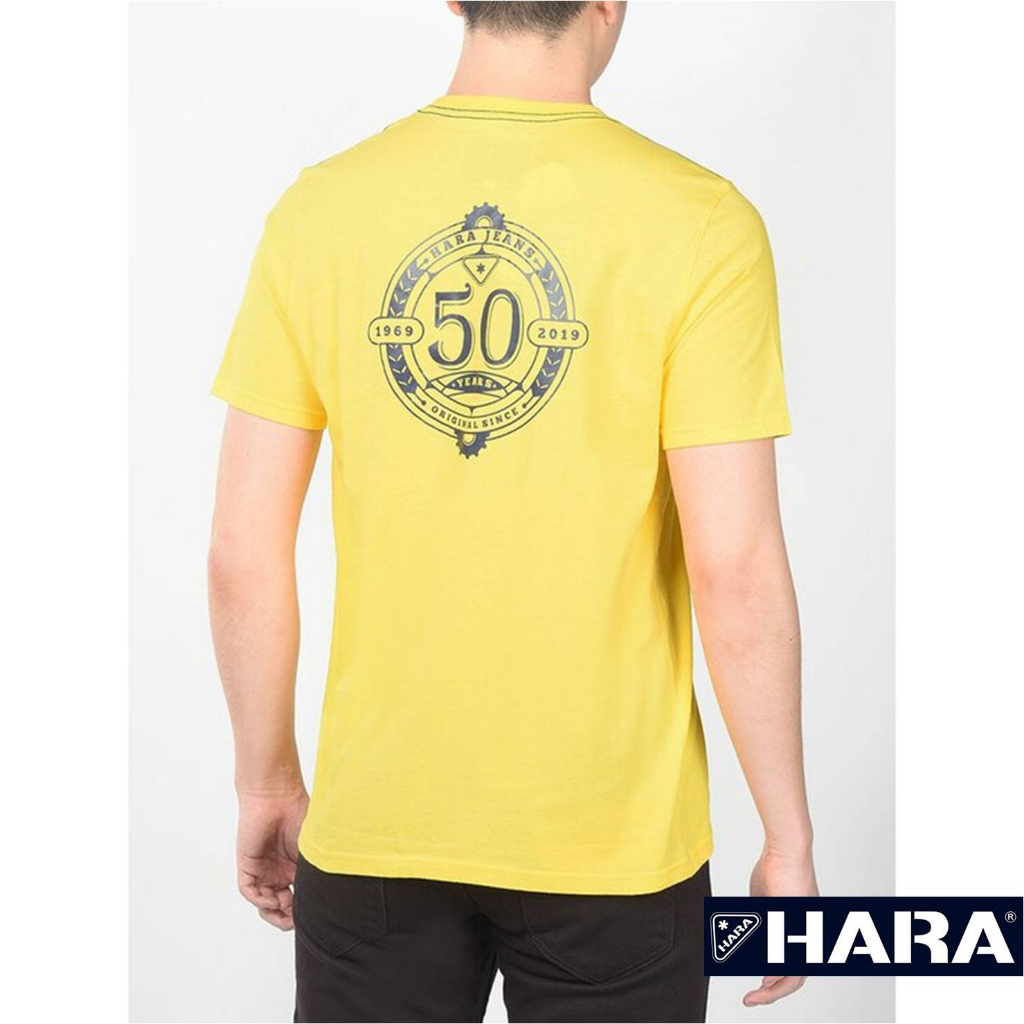 [แถมฟรี] Hara ฮาร่า ของแท้ เสื้อยืดแขนสั้นรุ่น  50 ปี Hara สีเหลือง สกรีนลาย Cotton 100% สวมใส่สบาย รุ่น HMTS-0176-26
