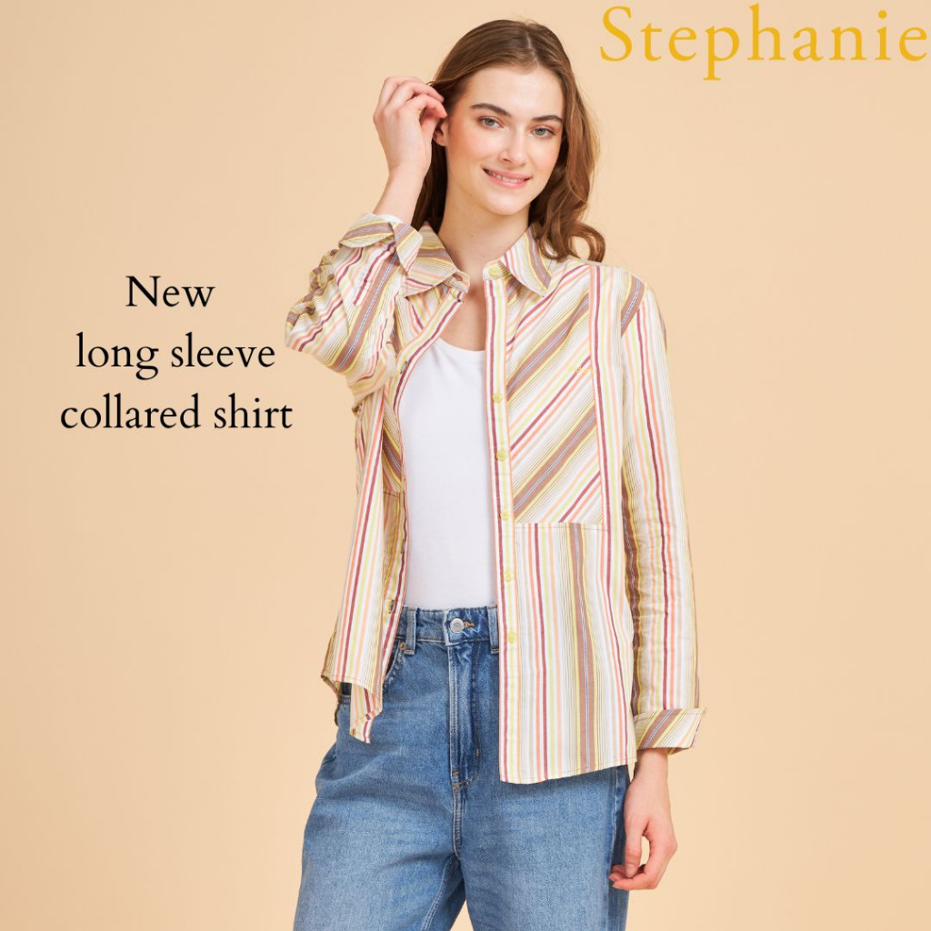 GSP Stephanie เสื้อเชิ้ตยาวลายทาง สีเหลืองน้ำตาล(OWS28BR)