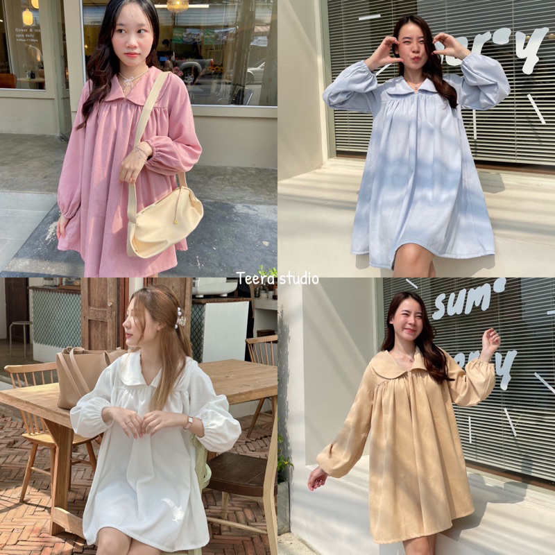 Teera พร้อมส่ง มินิเดรสคอบัวแขนยาวผ้าลูกฟูก เนื้อดีมาก ใส่สบาย น่ารักสุดๆ Nanny