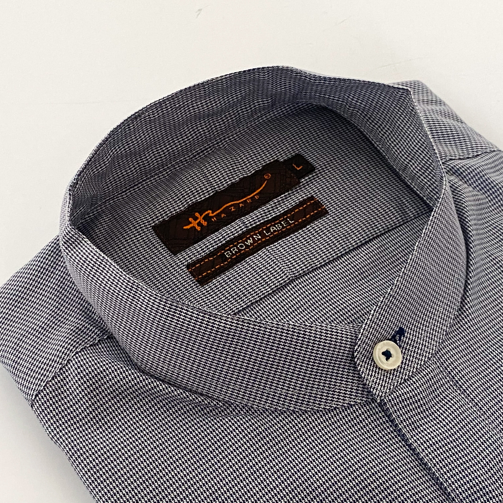 Hazard เสื้อเชิ้ตทำงานคอจีนแขนยาว Cotton (คอตตอน) สีน้ำเงิน