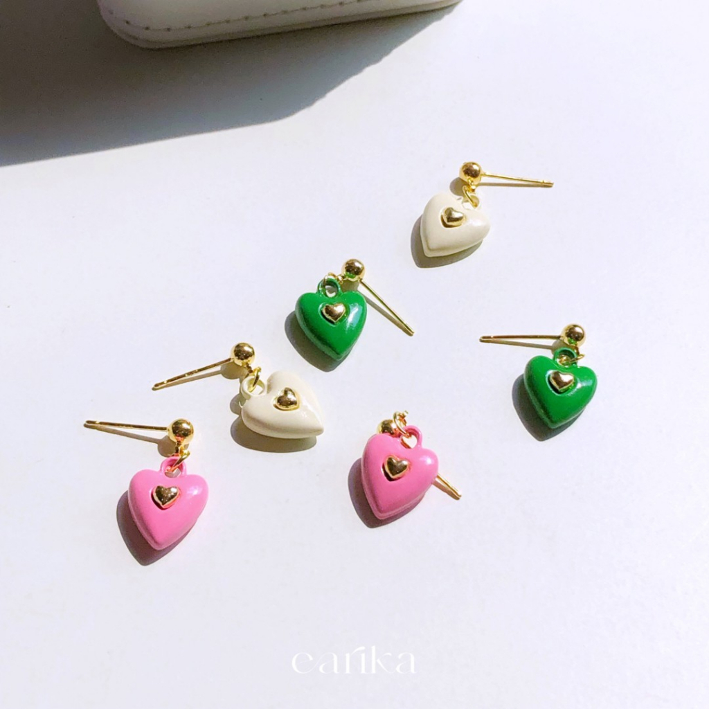 earika.earrings - twin heart candy ต่างหูห้อยหัวใจสีหวานก้านเงินแท้ (มีให้เลือก 3 สี) ผิวแพ้ง่ายใส่ไ
