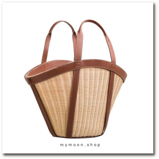 17 Beach tote bag fan shape made of rattan and light brown leather กระเป๋าหวายสานทรงพัด