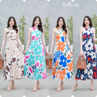 Maxi dress สายเดี่ยวคอวีลายดอกเมกโกะ มีซิปซ่อนด้านหลัง มีซับใน