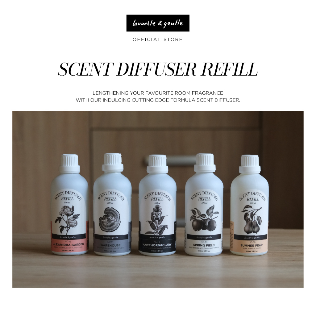 Humble&gentle : Scent Diffuser Refill  น้ำหอมปรับอากาศขวดเติม ขนาด 100ml พร้อมก้านไฟเบอร์ 5 ก้าน