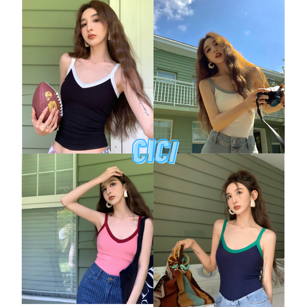 ส่งทันที Cici(NO. J381)สายเดี่ยว ผ้าร่องสีพื้นทรงเบสิคสีตัดขอบผ้านิ่มใส่สบายมาก