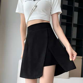 กระโปรงสั้นทรงเอ ผ่าหน้าเอวสูง ซิปหลัง มีซับในเป็นกางเกง Short front slit A-line skirt 053