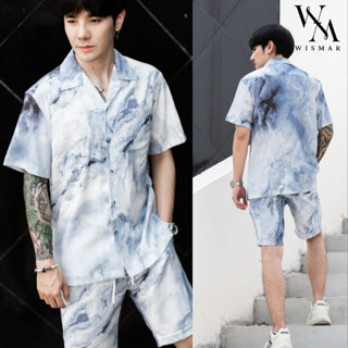 เสื้อเชิ้ตฮาวายแขนสั้นและกางเกงลายหินอ่อน(หินอ่อนไอซบลู ): Hawaii Ice Blue  Marble Shirt (Short-Sleeve)