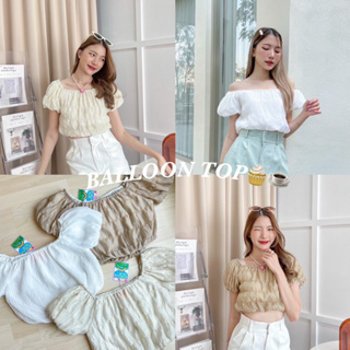 BALLOON TOP️🧁☕️ พร้อมส่ง เสื้อครอปเอวจั้ม 2 in 1 ครอปปาดไหล่ ครอปแขนพอง ครอปแขนสั้นจั้มเอวสีพื้น ชุดไปทะเล