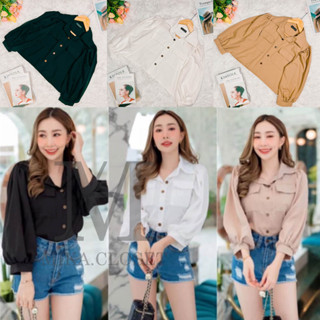 DD001 !! พร้อมส่ง !! เสื้อครอปเชิ้ต คอปก แขนยาว ดีไซน์แขนพอง แต่งกระเป๋าคู่ เพิ่มลูกเล่น เนื้อผ้าไหมอิตาลี ผ้านุ่ม พริ้ว