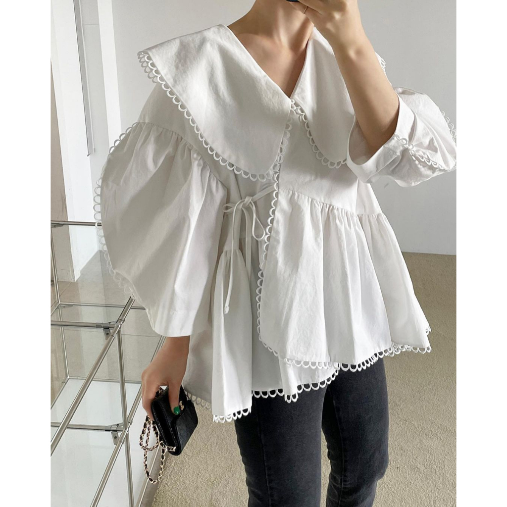 (พร้อมส่ง) White dolly blouse C3891 เสื้อเบลาส์ เสื้อแขนยาว มี 2 สี ดำ ขาว