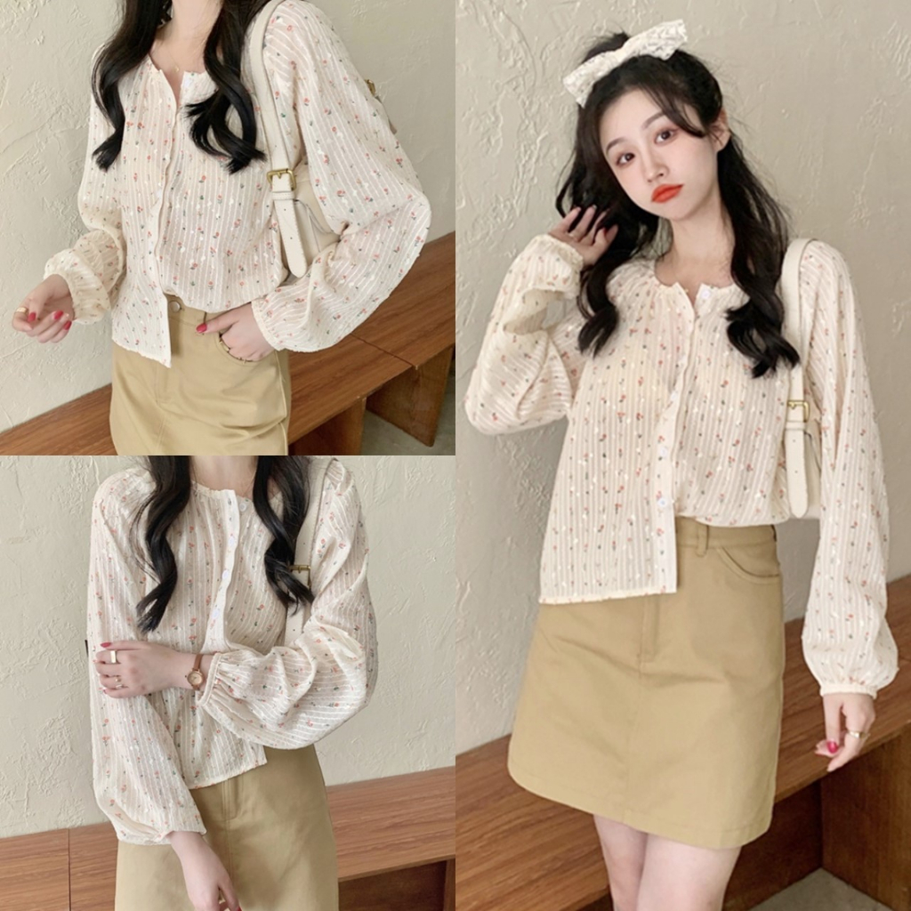 ราคาถูกที่สุดเสื้อเชิ้ตแขนยาวทรงใหญ่ คอกลม ลายดอกไม้แต่งริ้ว โทนสีแอปริคอท กระดุมหน้า