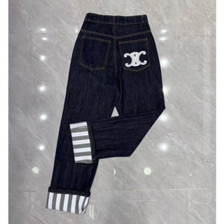 CELINE TRIOMPHE EMBROIDERED LOGO STRIPE LEG LACE UP PANTS กางเกงยีนส์ขากระบอกเล็ก แบรนด์ซีลีน ปักสัญลักษณ์โลโก้ทรอมฟี่