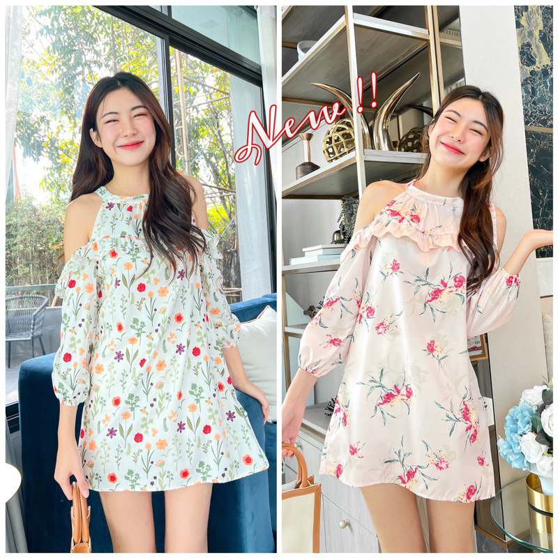 New!! ..DORIMU..เดรสเว้าไหล่ สายผูกคอ ลุคคุณหนู