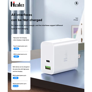 [มอก62368] HALE 65W หัวชาร์จ 2 พอร์ต USB-A USB-C สำหรับ iPhone iPad Macbook โน็ตบุค Huawei Samsung fast charging HA-08