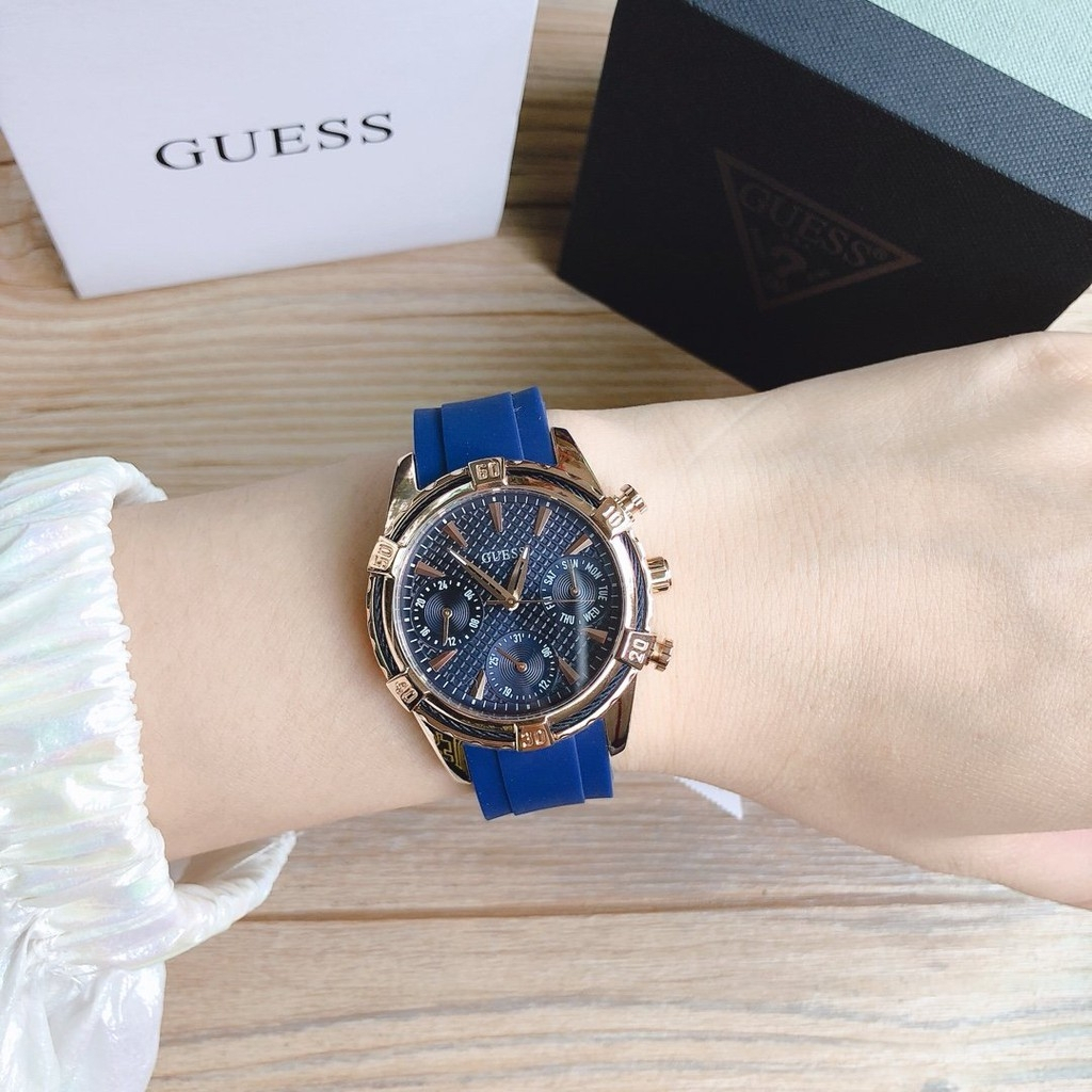 F.A ของแท้100% Guess round อะนาล็อกสีขาวหน้าปัดสีน้ำเงินผู้หญิงนาฬิกา W0562L1 W0562L2 W0562L3 35mm นาฬิกาแบรนด์ดังFA-14