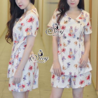 Sevy Printed Flora#จั้มสูททรงสูทแขนสั้นขาสั้นลายดอกชบา#S-M#มือ1