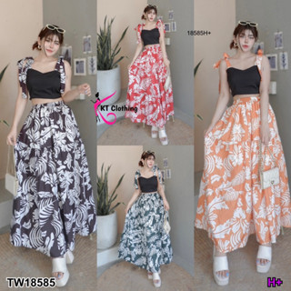 18585 set 2 ชิ้น เสื้อครอป ผูกไหล่ + กระโปรงลายใบไม้ set 2 pieces, crop top, shoulder tie + leaf pattern skirt