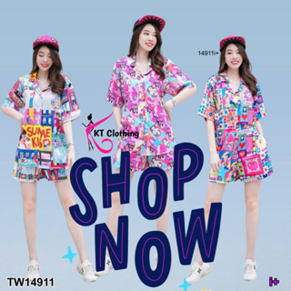 TwinsShopVip💗พร้อมส่ง  TW14911 Set เสื้อเชิ้ตแขนสั้น+กางเกงขาสั้น ลายกราฟฟิก