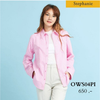 Stephanie เสื้อเชิัตทำงานลายริ้ว แขนยาว สีชมพู เนื้อผ้าคอตตอน (OWS04PI)