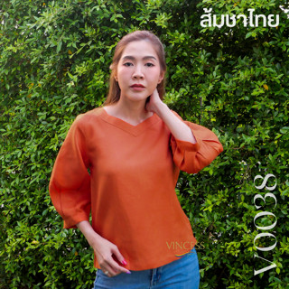 Vincess : เสื้อลินินแท้ทรงแขนจีบทวิส สีส้มชาไทย อก 36-46 ค่ะ