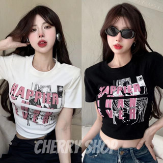 cherryshop พร้อมส่ง🔥เสื้อยืด🍀เสื้อเชิ้ตแขนสั้นสีขาว สีดํา เสื้อเชิ้ตแขนสั้น คอกลม แขนสั้น