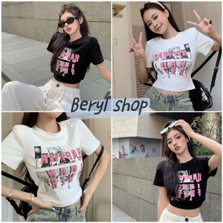 Beryl🌻เสื้อท่อนบน🍒เสื้อยืดแขนสั้นพิมพ์ลายอเมริกันสําหรับผู้หญิง  เสื้อครอปเซ็กซี่