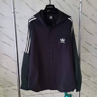 BALENCIAGA X ADIDAS 3 STRIPES HOODIE SHIRT IN BLACK เสื้อฮู้ดดี้ เชิ้ต กระดุมหน้า แบรนด์อดิดาส collabs กับบาลองเซียก้า