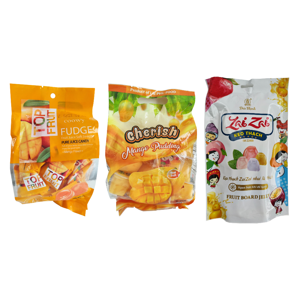 เยลลี่มะม่วงหนึบเวียดนาม Top Fruit ขนาด 320 กรัม, พุดดิ้งมะม่วงเวียดนาม ขนาด 405 กรัม, เยลลี่ผลไม้เว