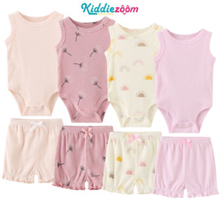 Kiddiezoom 2pcs ทารก เสื้อแขนกุด ชุด กางเกงขาสั้น หลายชิ้น ผ้าฝ้ายบริสุทธิ์ ชมพู เด็กผู้หญิง เด็กแรกเกิด เสื้อแขนกุด ลูกไม้ น่ารัก เหลือง การ์ตูน เสื้อผ้า เด็กวัยหัดเดิน