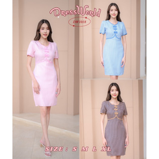 (เช็คของก่อนโอนเงิน) {S-XL} 1018 งานป้าย Dress World ชุดเดรสสั้นลายสก๊อต คอกลม แต่งโบว์ น่ารักฝุดๆ ไปเลยจ้า