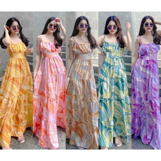 Pastel dress เดรสยาว เดรสผูกไหล่ลายพาสเทล สม๊อกหลัง ตัดต่อระบาย มีโบว์ผูกหลัง เดรสใส่ไปทะเล nunda