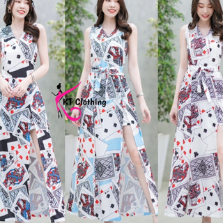 18572 Jumpsuit จั๊มสูทขาสั้น คอวีแขนกุด ลายไพ่ + สายผูก Short jumpsuit, V-neck, sleeveless, card pattern + tie